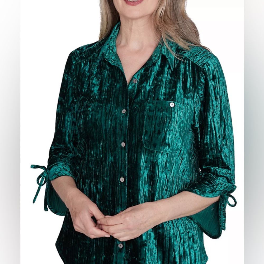 Alfred Dunner XL green crushed velvet button down shirt - Picture 4 of 7